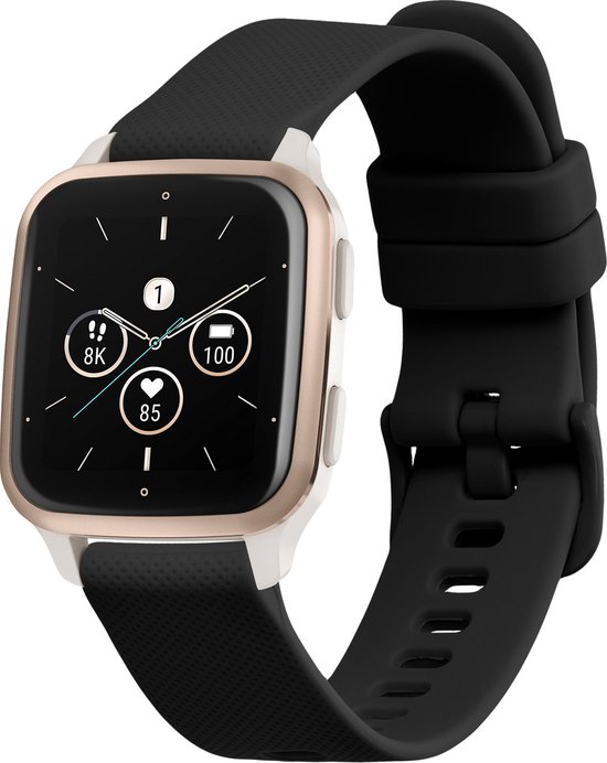 Montre connectée dorée et blanche avec bracelet noir en TPU, affichant des icônes de fitness.