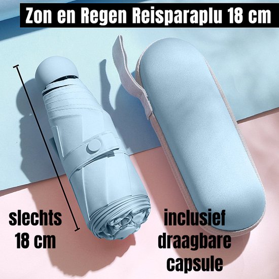 Allernieuwste.nl® Opvouwbare Reisparaplu Waterdicht en Anti-UV - Mini Parapluvoor Zak of Tas - Modische Kleuren - Incl Capsule - parapluie - Kleur Blauw
