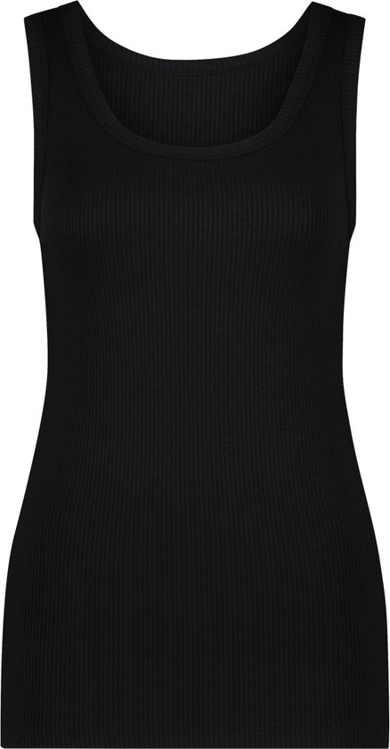 Zwarte geribde tanktop, de voorkant is zichtbaar.