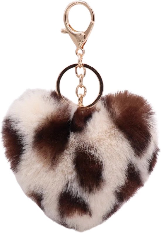 Porte-clés peluche coeur imprimé léopard pendentif de sac marron crème L 10,5 x L 14,5 cm