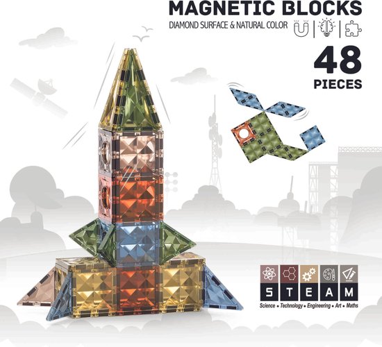 Magnetisch speelgoed - Magnetic tiles - Roosly - 48stuk - Montessori speelgoed - Magnetische Bouwstenen