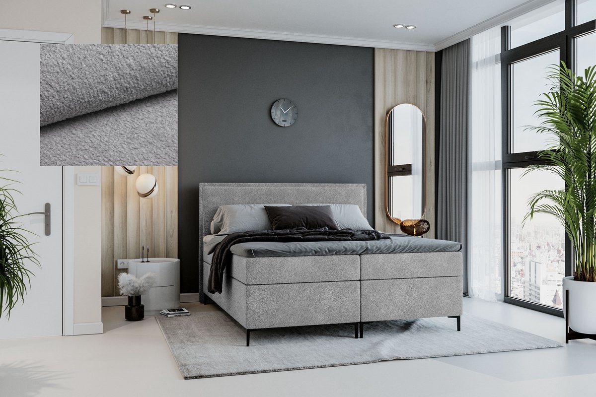 Meuba Home - Berlin Boxspring - Grijs - 180x200 - Teddy stof - Met topper 8cm