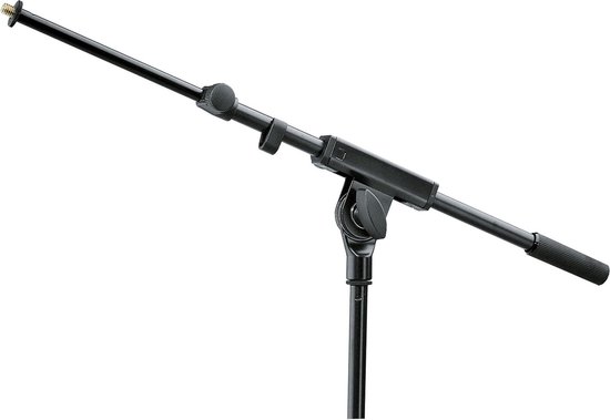 Zwarte, uittrekbare microfoonarm met 3/8" aansluiting, merk König & Meyer.