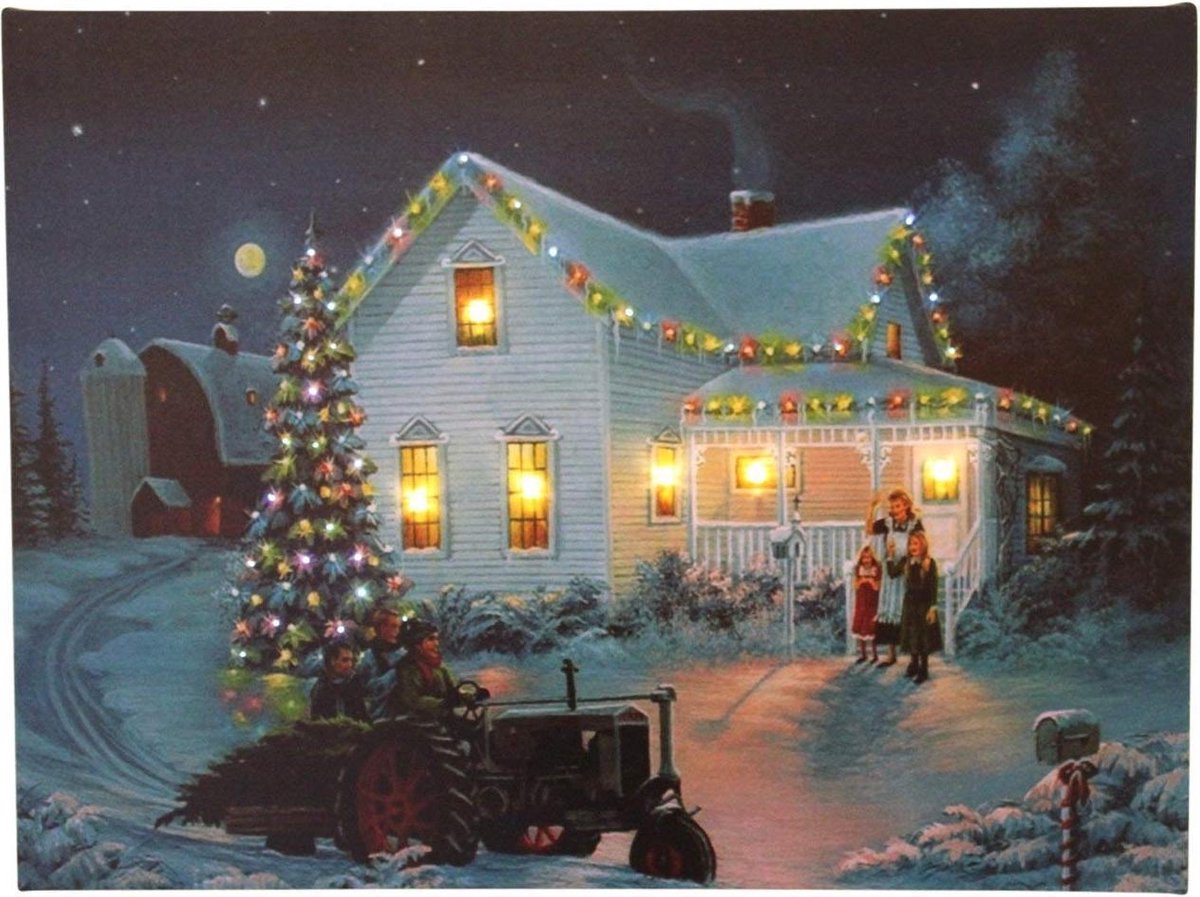 Canvas op houten frame - Huis en kerstboom - tractor - met led lampjes en  glasvezel... | bol.com