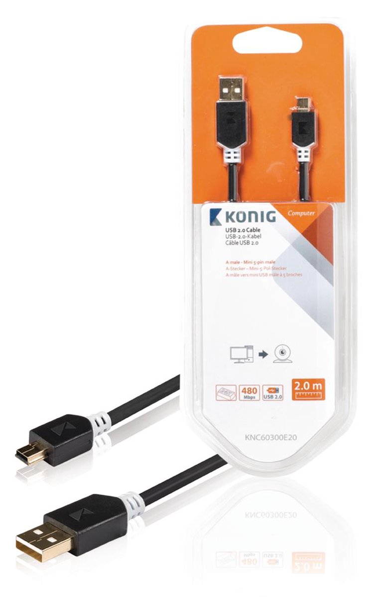 Konig USB 2.0 A Male naar USB 2.0 Mini Male - 2 m