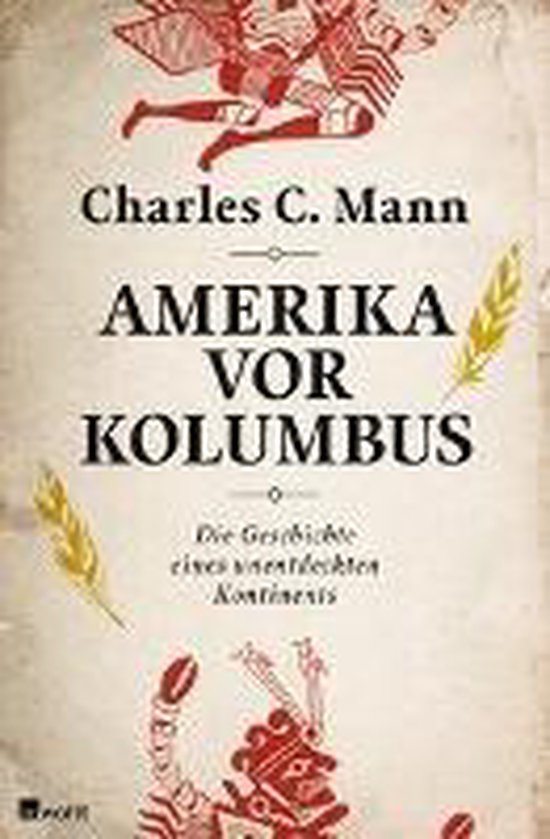 Boekomslag met de titel 'Amerika vor Kolumbus' en illustraties van historische figuren en veren.