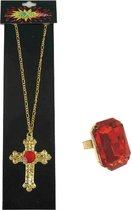 Sinterklaas sieraden accessoires set - gouden ketting - en rechthoekige ring - met rode stenen