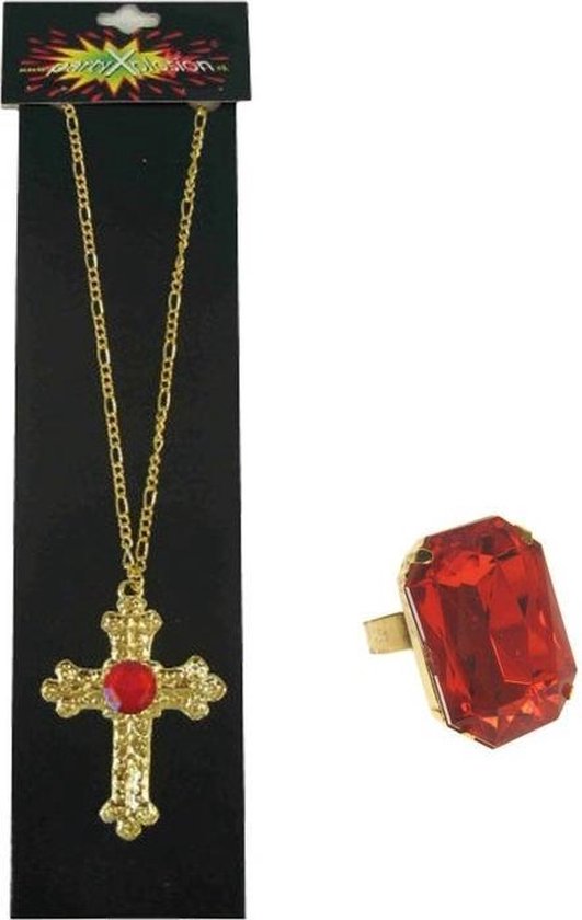 Sinterklaas sieraden set gouden ketting en rechthoekige ring met rode stenen