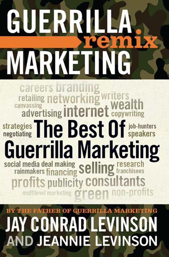 Boekcover 'The Best of Guerrilla Marketing' met tekst in verschillende lettergroottes en kleuren op een camouflageachtergrond. Bovenin staat 'GUERRILLA remix MARKETING'.