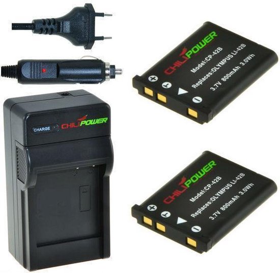 2x NP-80 accu 800mAh voor Casio Exilim camera’s met compacte lader en autolader pakket