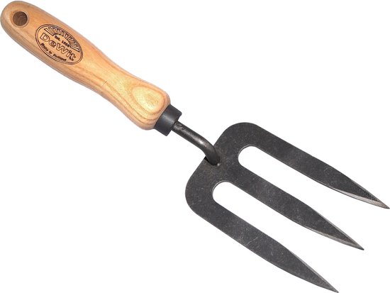 Een handvork met een houten handvat en drie zwarte metalen tanden. Het logo 'DeWit' staat op het handvat.