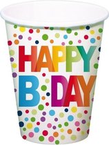 8x stuks Happy B-day feest/verjaardag drinkbekertjes met stippen 13 cm - 250 ml - Papier/karton - Happy Birthday thema