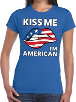 Kiss me I am American t-shirt blauw dames - feest shirts dames - USA kleding M