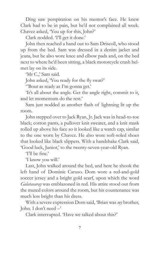 Pagina 7 van een boek, met tekst over personages, waaronder John Clark en Ryan.