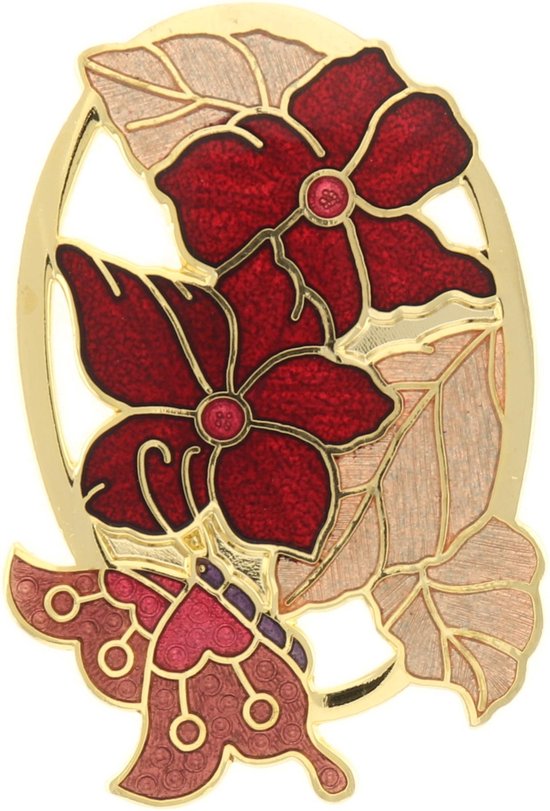 Behave® Broche bloemen en vlinder rood bruin - emaille sierspeld -  sjaalspeld