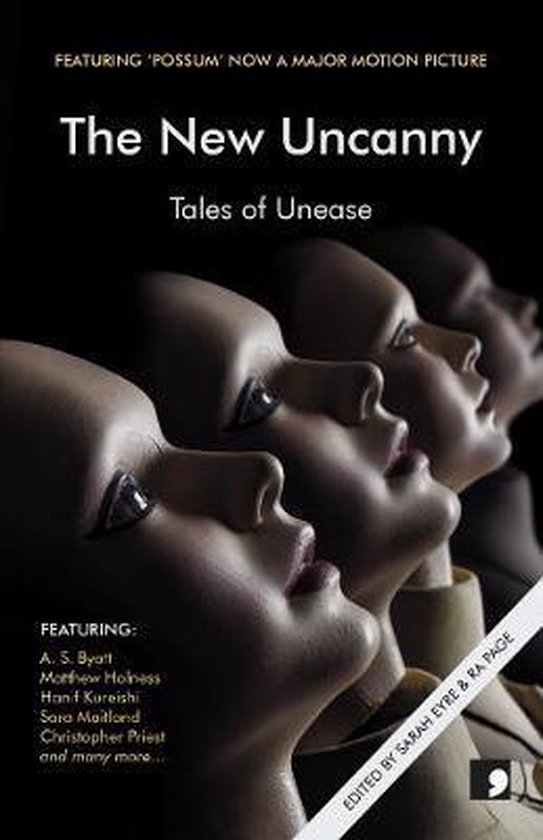 Boek 'The New Uncanny', Tales of Unease, met gezichten van etalagepoppen op een donkere achtergrond.