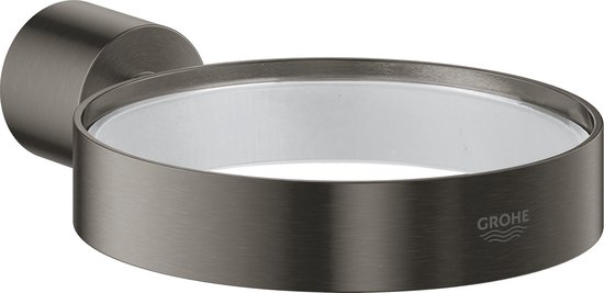 Geborstelde antracietkleurige metalen wandhouder met een wit, ovaal glazen plateau.