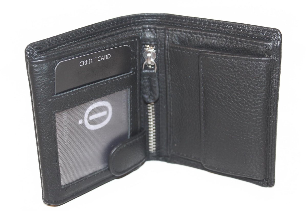 OI zwarte compacte leren portemonnee / kleine hoog model billfold / beurs voor 10 pasjes anti‑skim / zwart leer / 105