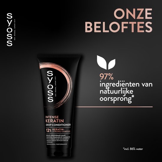 Tube noir Syoss Intense Keratin Deep Conditioner, à côté du texte '97% d'ingrédients d'origine naturelle'.