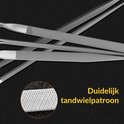 Duidelijk tandwielpatroon op de vijlen. Close-up van de fijne kartels op een metalen vijl.