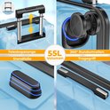 Details van een blauwe koffer: telescopisch handvat, 360° wielen, handvat en 55L volume.