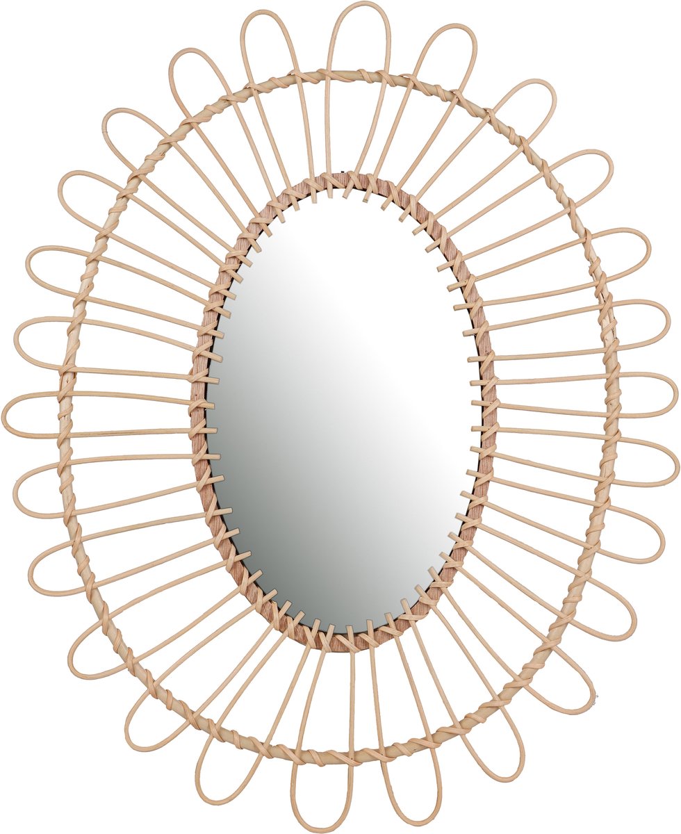 Natural Living Wandspiegel - Boho/ibiza stijl - bloemdesign - rotan - lichtbruin - ovaal - 52 x 60 cm