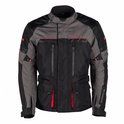 Zwarte en grijze motorjas met rode accenten, DXR-logo op de borst en ritsen.