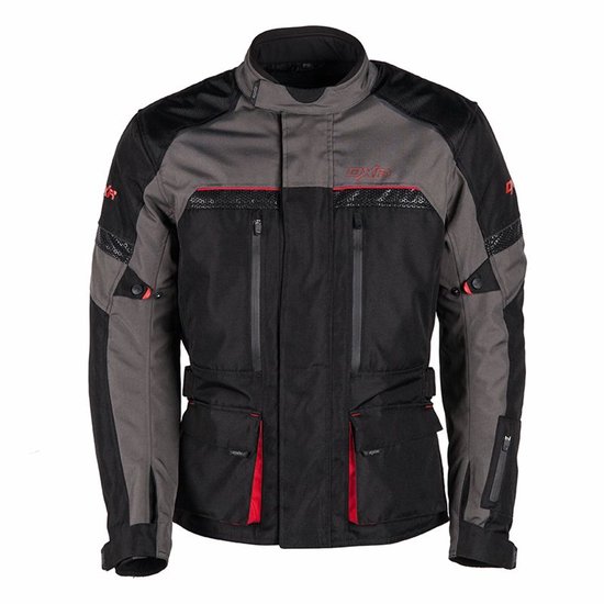 Zwarte en grijze motorjas met rode accenten, DXR-logo op de borst en ritsen.
