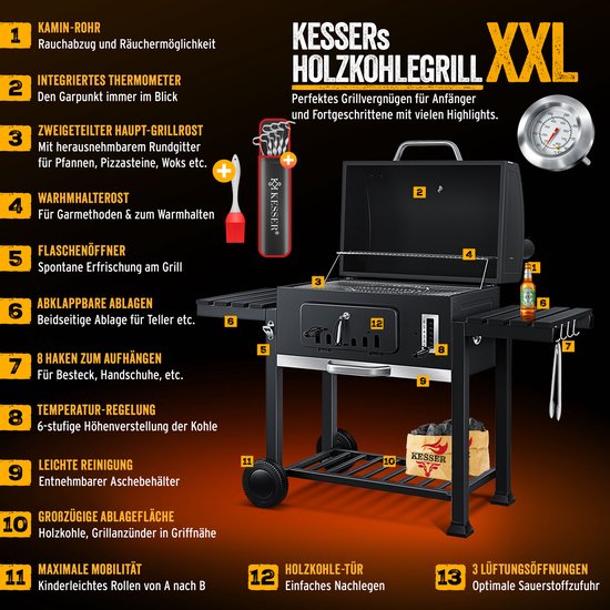 KESSER® Houtskoolbarbecue XXL Barbeque Houtskool met Deksel, Wielen, Roestvrij Stalen Handvat, Barbecuerooster en Thermometer, 8 Spiesen met Zakje & siliconen Borstel, grote BBQ Camping Terras Tuin van KESSER — afbeelding 5