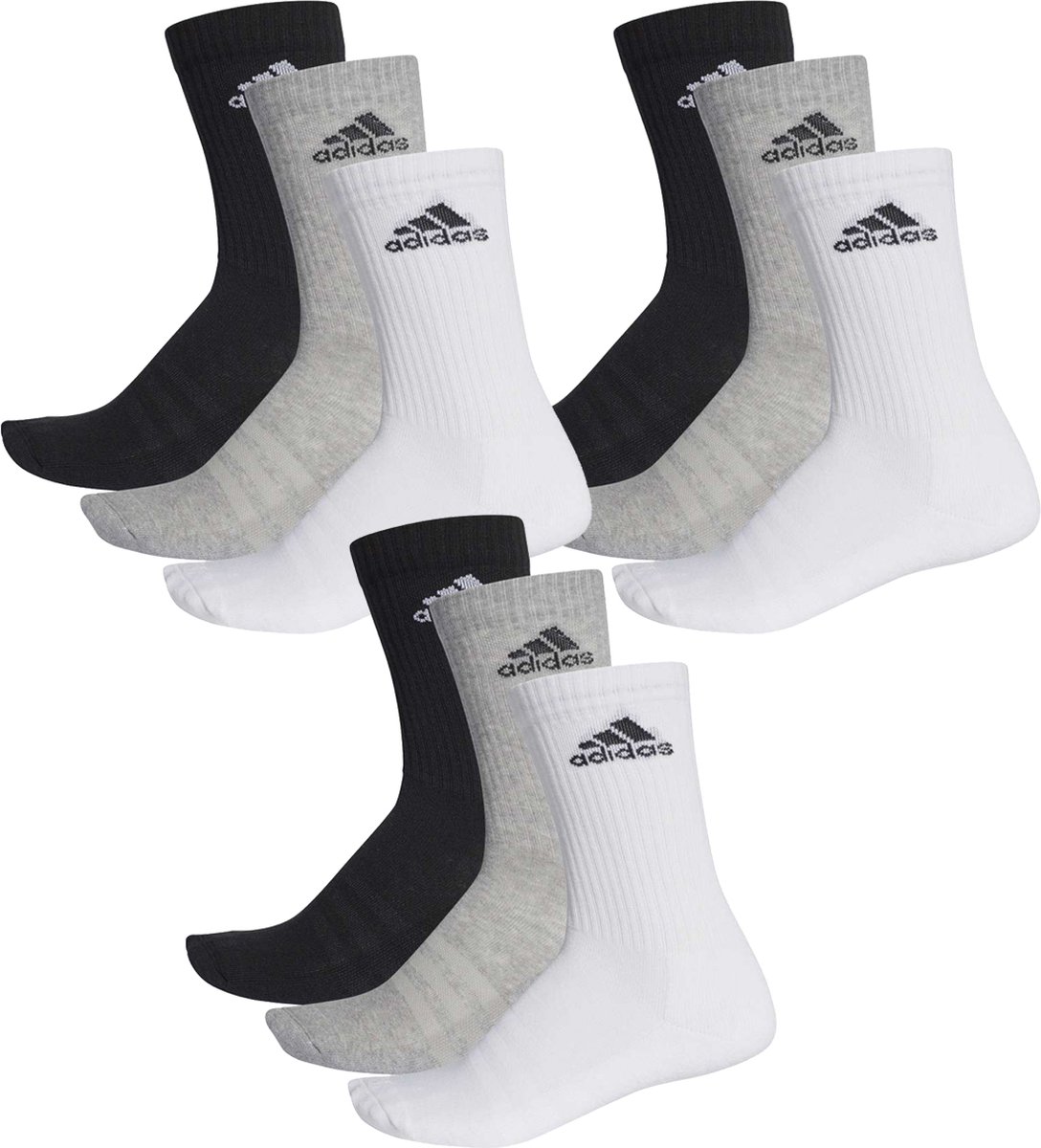 SOKKEN 9 PACK adidas CUSHIONED CREW tennissokken sportsokken dames heren unisex 9 paar Grijs
