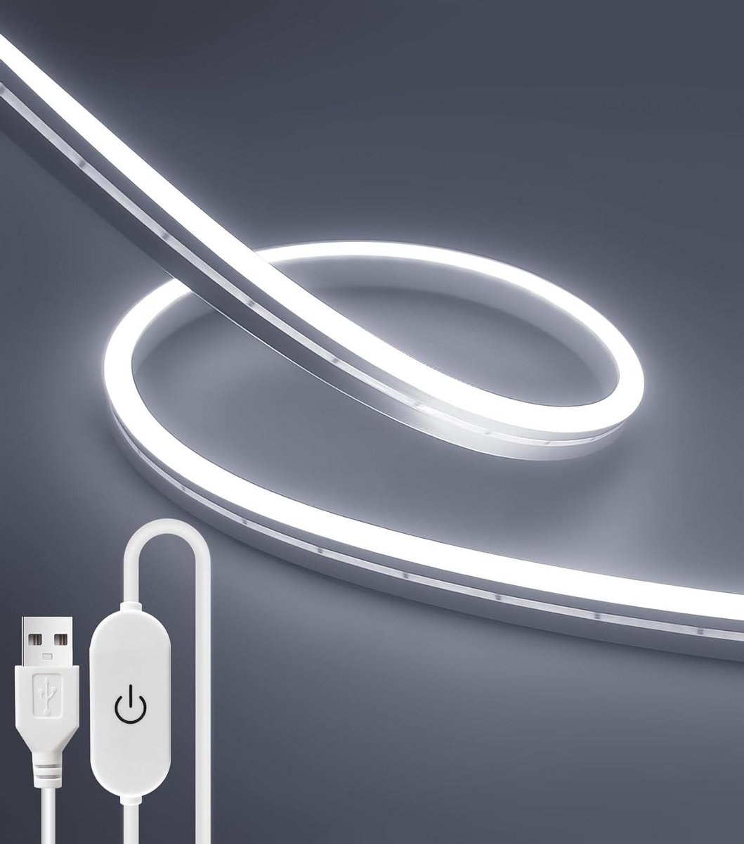 2 Meter Koud Wit 3000K Neon LED Strip - USB Voeding - IP67 Waterdicht - Dimmer - Keuken - Garderobe - Spiegel - Home Decoratie