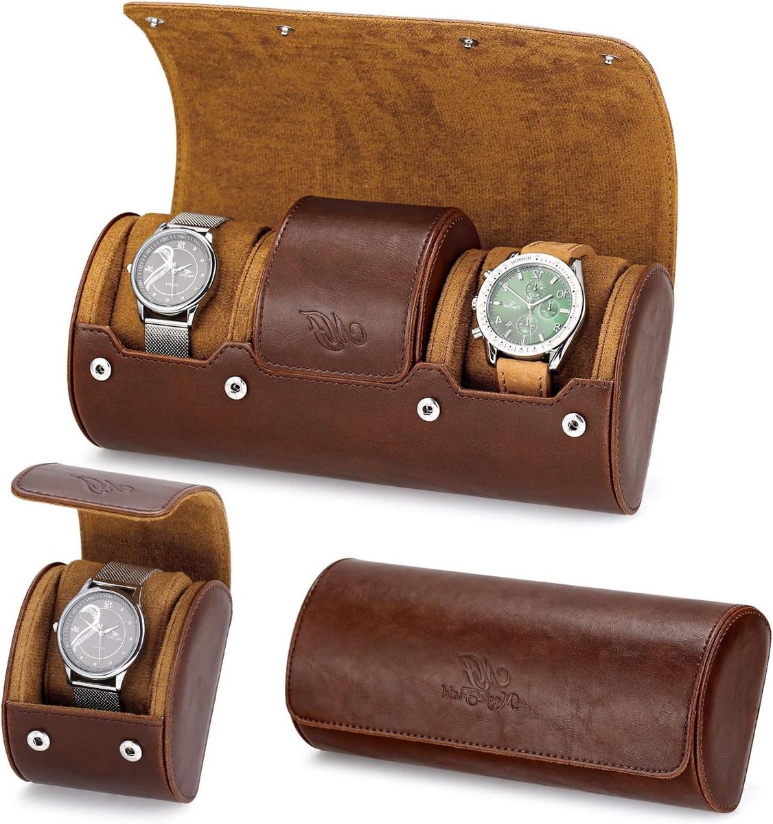 3 Slot PU Lederen Horloge Roll Case - Draagbare Reisopslag met Anti-move Kussen - Horloge Opslag Organizer met Snap Button