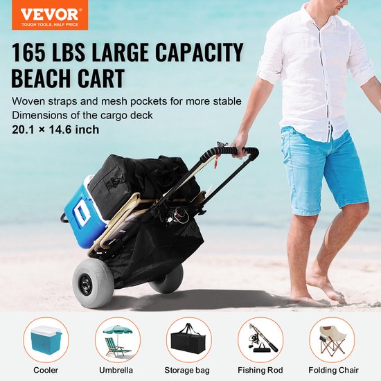VEVOR Strandwagen Handkar Zandwagen, Strandwagen 74,84 Kg Laadvermogen, Opvouwbare Zandwagen van Staal 69 tot 114 Cm In Hoogte Verstelbaar, Robuuste Wagen voor op Het Strand — afbeelding 5
