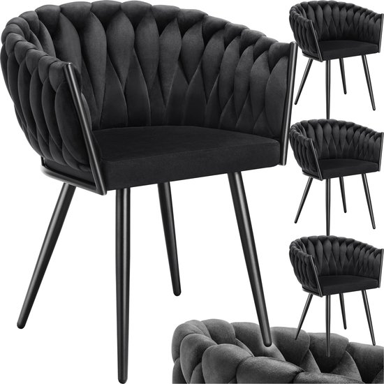 tectake® - Set van 4 Fluwelen eetkamerstoelen - Kuipstoel met armleuning in knooplook - Eetkamerstoel - Moderne eetkamerstoel voor woonkamer en eetkamer - Keukenstoel - Kaptafelstoel - Slaapkamerstoel - Diverse kleuren - Zwart