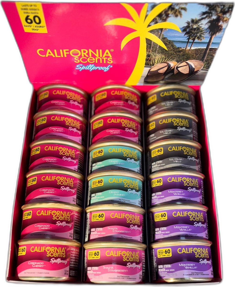 California Scents Spillproof mix box - 18 stuks excl. dekselsCalifornia Scents Auto Luchtverfrisser Mixbox – 18 Stuks Zonder Deksels | Spillproof Geurblikjes voor Langdurige Frisheid