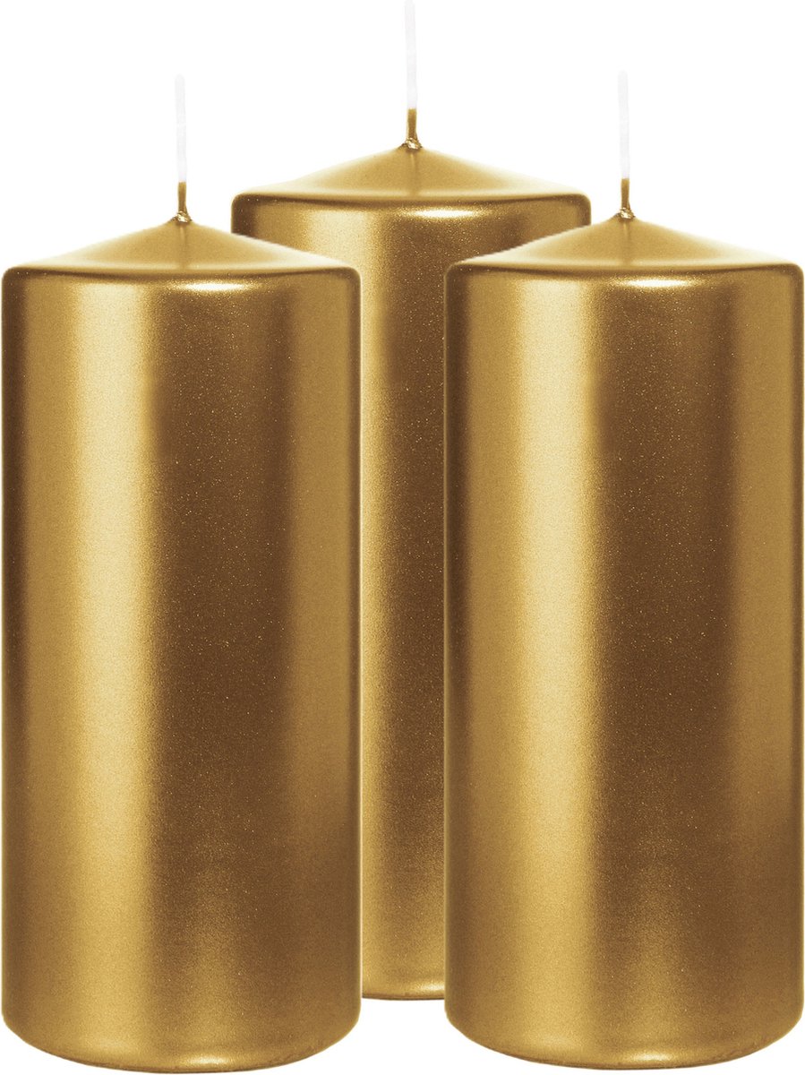 Wiedemann Cilinderkaars/stompkaars - 3x - metallic goud - 15 x 7 cm - 63 branduren - zuilkaarsen Goudkleurig