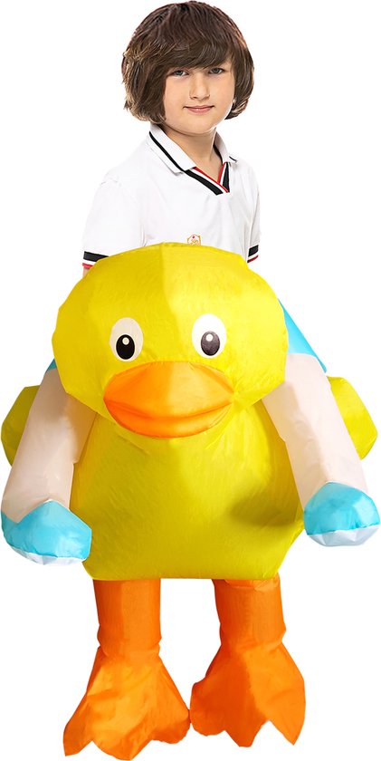 KIMU® Opblaas Kostuum Kinderen Rijdend op Badeend - Maat 122 128 134 140 146 152 - Opblaasbaar Pak - Badeendpak Mascotte Opblaaspak - Opblaasbare Badeendje Duck Eend Halloween