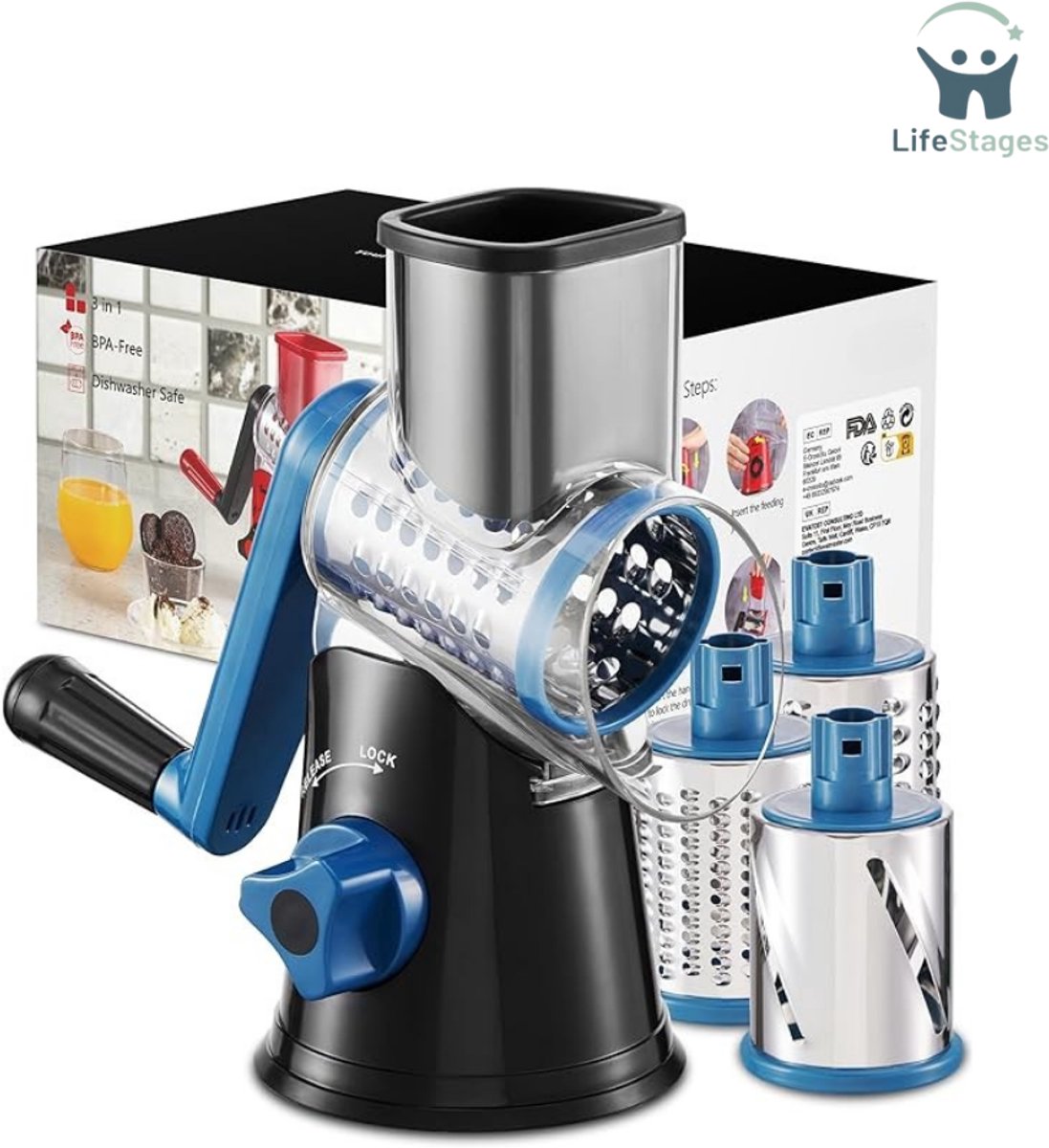 LifeStages - Kaasraspmolens - Roterende Kaasrasp - Rasp Groenteheoel met Drie Trommelbladen - Rasp voor Keuken Sneller en Gemakkelijk Snijden - Handmatige Groentesnijder - Ideaal voor Kaas, Komkommer, Wortel, Noten, enz. - Zwart/Blauw