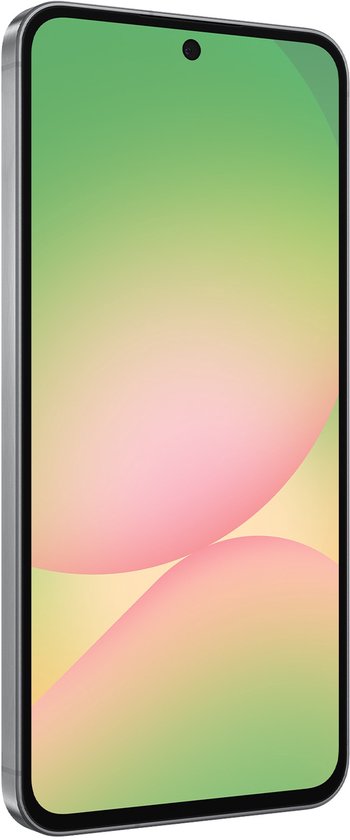 Samsung Galaxy A56 5G gris, vue de côté, avec un écran dégradé.