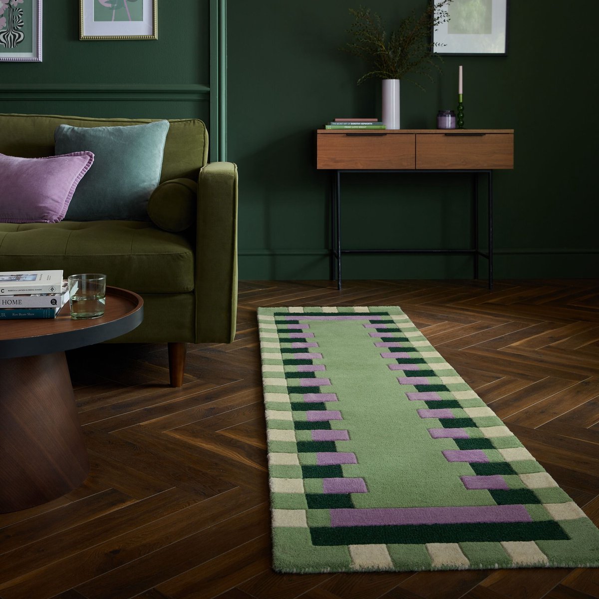 flycarpets Loper Wollen Vloerkleed Kai - Kader - Lijstmotief - Groen / Paars 67x300 cm