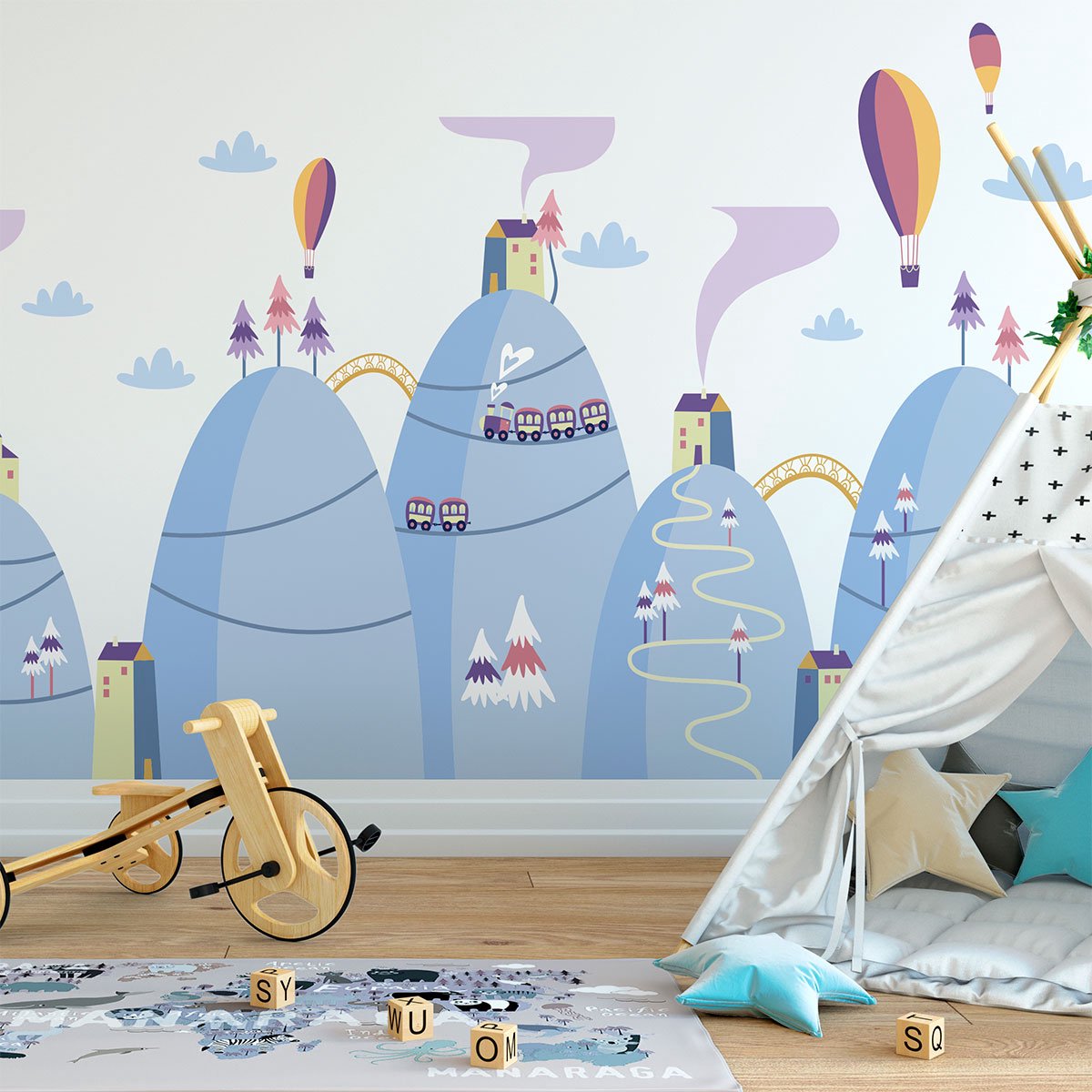 Ambiance Sticker Scandinavische bergstickers met heteluchtballonnen in het dal, 120 x 180 cm Multi color