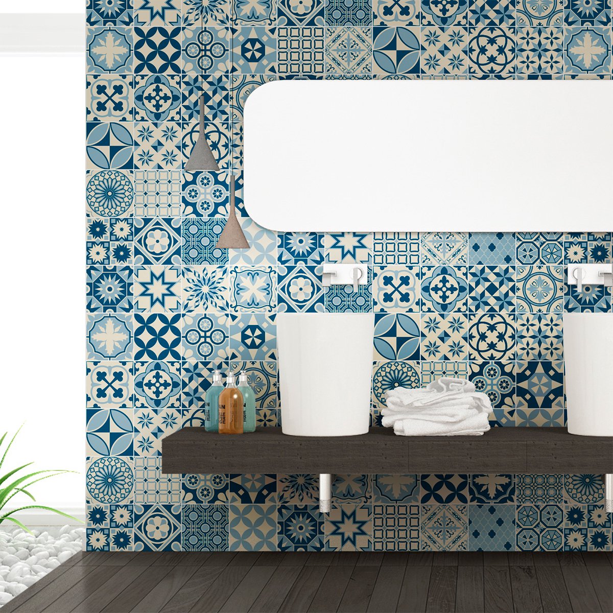 Ambiance Sticker Zelfklevende tegelmuurstickers voor keuken en badkamer - 60 cementtegelstickers, Azulejos Riana Design - 60 stickers, 20x20cm Multi color
