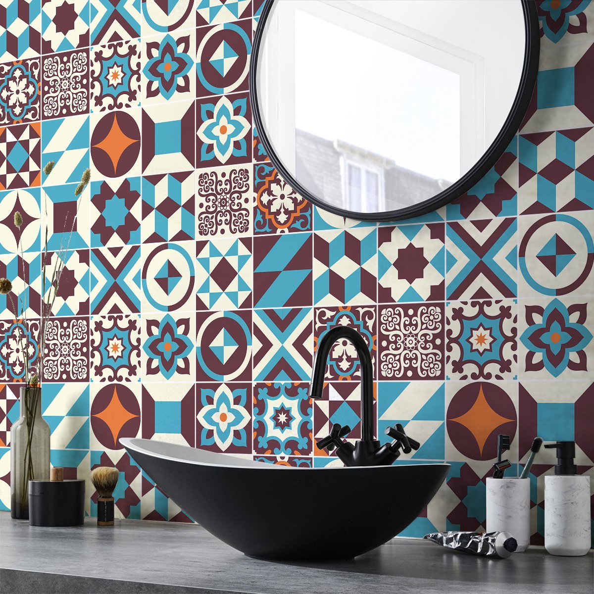 Ambiance Sticker Zelfklevende muurstickers in de vorm van cementtegels voor keuken en badkamer - 24 Leccina Azulejos cementtegelstickers - 24 stickers, 10x10cm Multi color