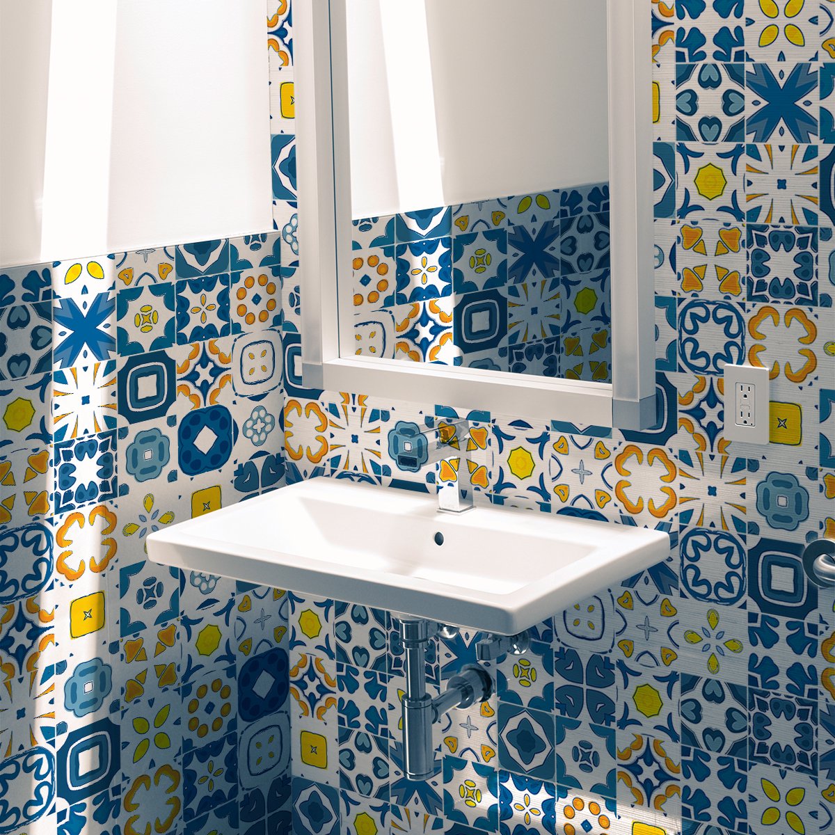 Ambiance Sticker Zelfklevende tegelmuurstickers voor keuken en badkamer - 30 cementtegelstickers (AZULEJOS ANIA) - 30 stickers 20x20cm Multi color