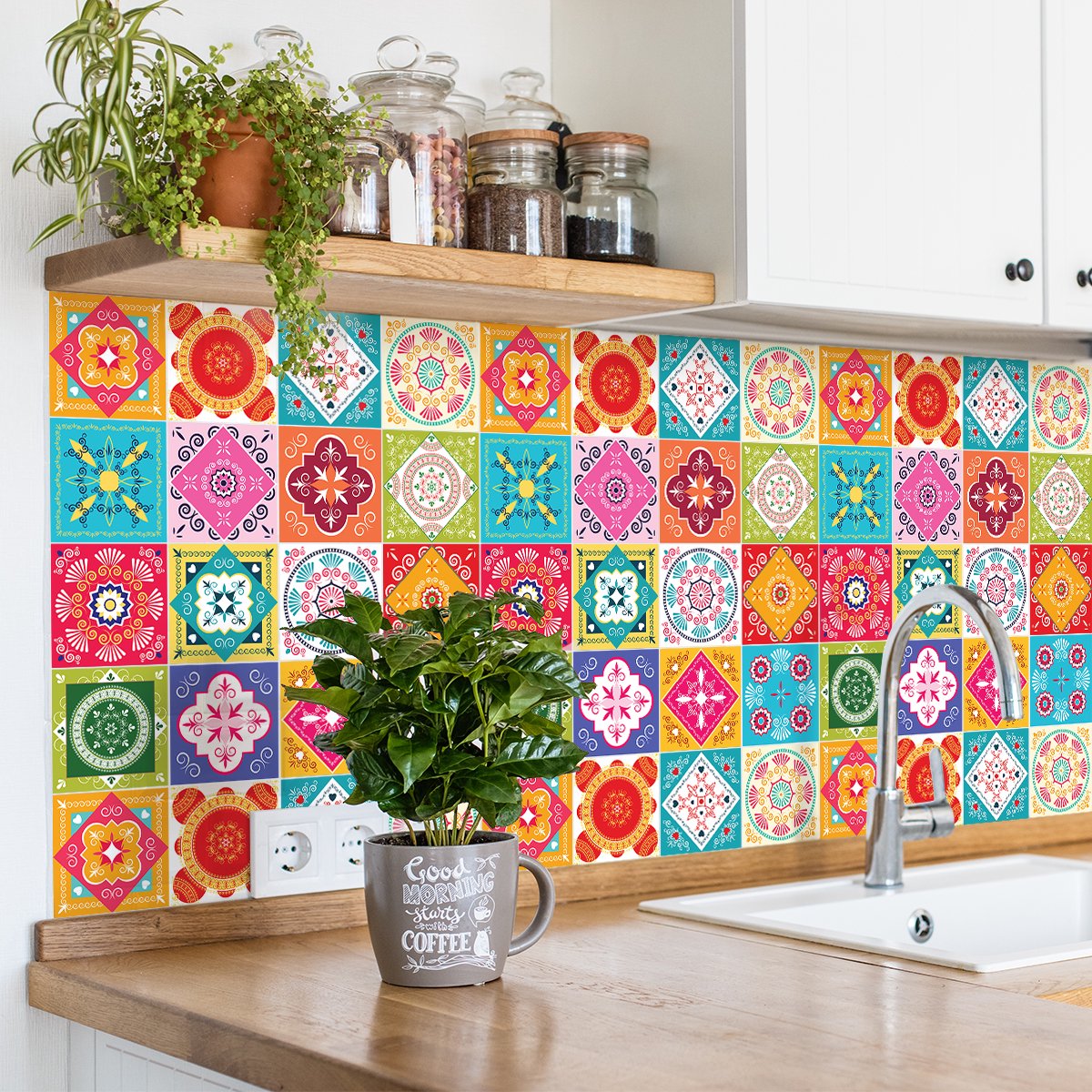 Ambiance Sticker Zelfklevende tegelmuurstickers voor keuken en badkamer - 30 cementtegelstickers, Azulejos Serinata - 30 stickers, 10x10cm Multi color