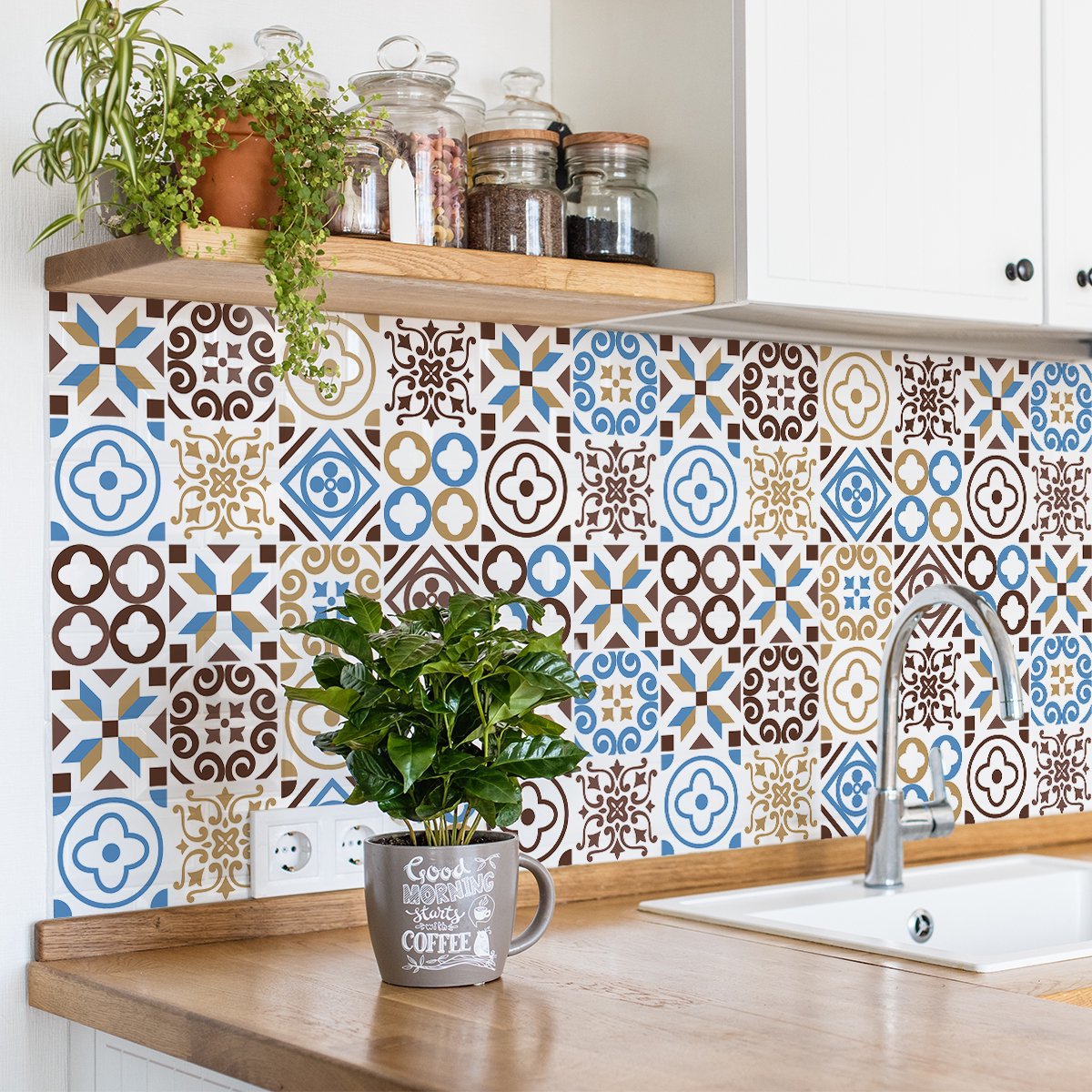 Ambiance Sticker Zelfklevende tegelmuurstickers voor keuken en badkamer - 9 cementtegelstickers, Azulejos Nevea - 9 stickers, 15x15cm Multi color
