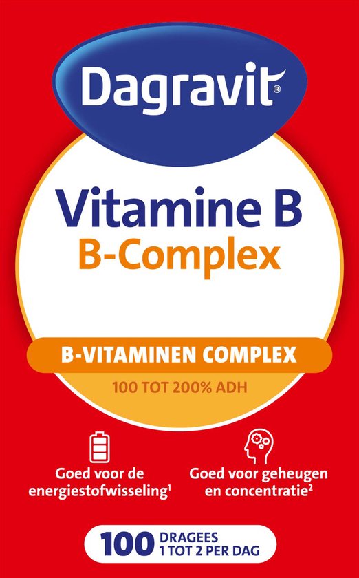 Verpakking met 'Dagravit Vitamine B B-Complex'. Met icoon voor energieniveau, geheugen, concentratie en 100 dragees.