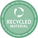 Groen rond label met cirkelvormige pijlen en tekst 'RECYCLED MATERIAL' en 'OBERMATERIAL AUS RECYCELTEN PET-FLASCHEN'