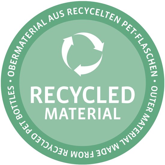 Groen rond label met cirkelvormige pijlen en tekst 'RECYCLED MATERIAL' en 'OBERMATERIAL AUS RECYCELTEN PET-FLASCHEN'