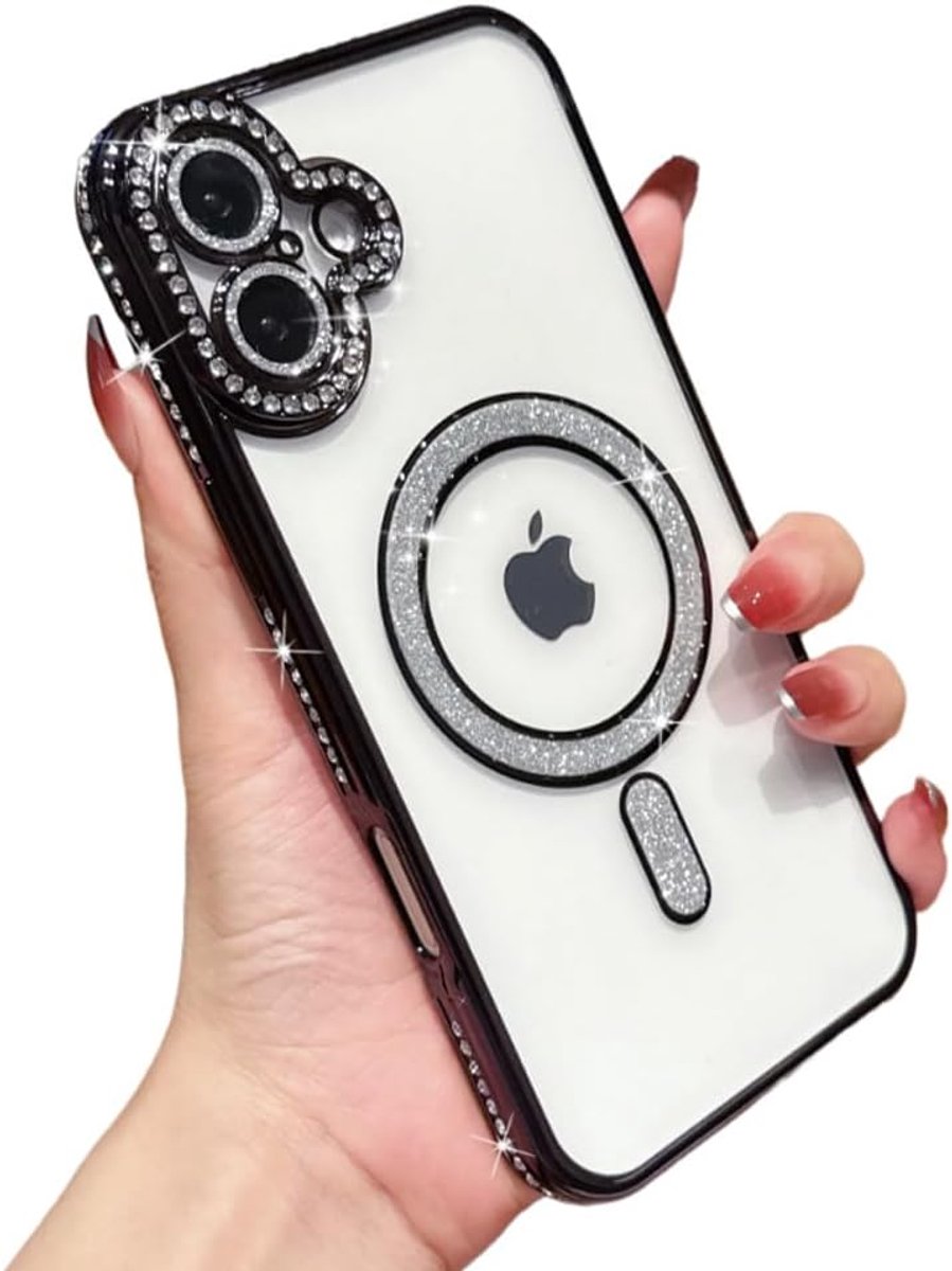 Diamant Glitter Telefoonhoesje Geschikt voor Magsafe met Camera Bescherming voor iPhone 16 Plus - FuturiQ - Zwart